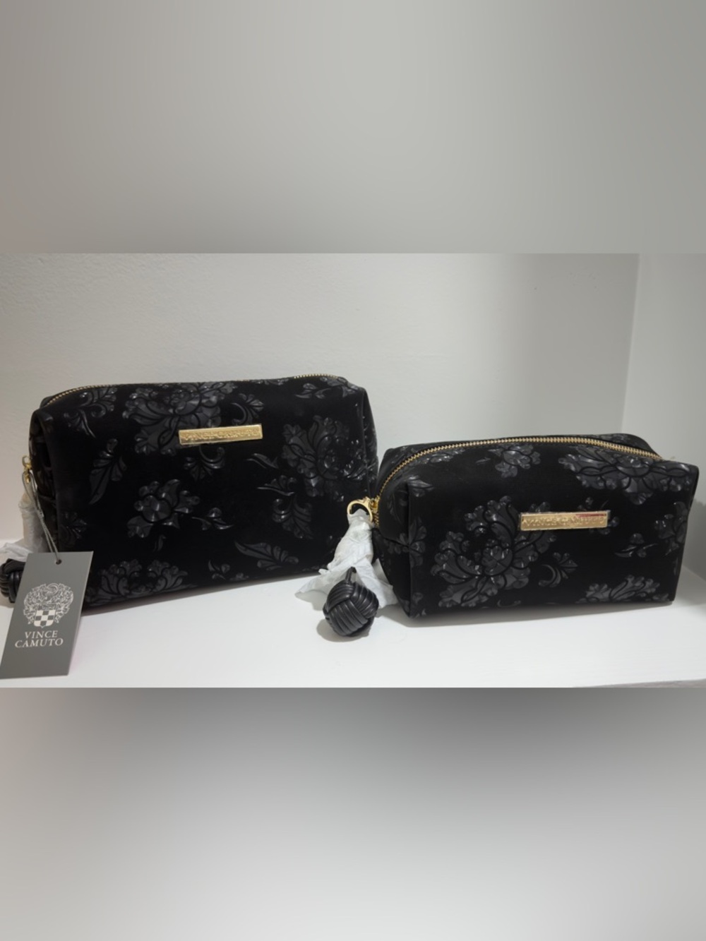 Vince Camuto Black Floral Cosmetic Pouch Duo with Gold Accents medium ,small bag